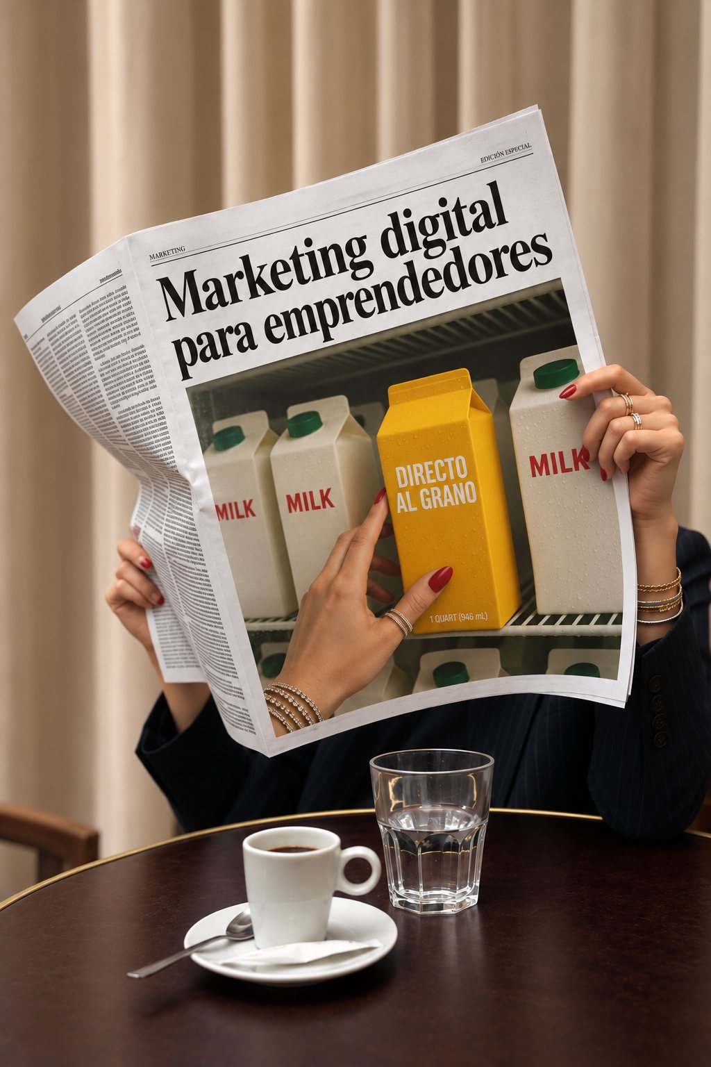 Mujer leyendo un diario con el titular Marketing digital para emprendedores, junto a un café