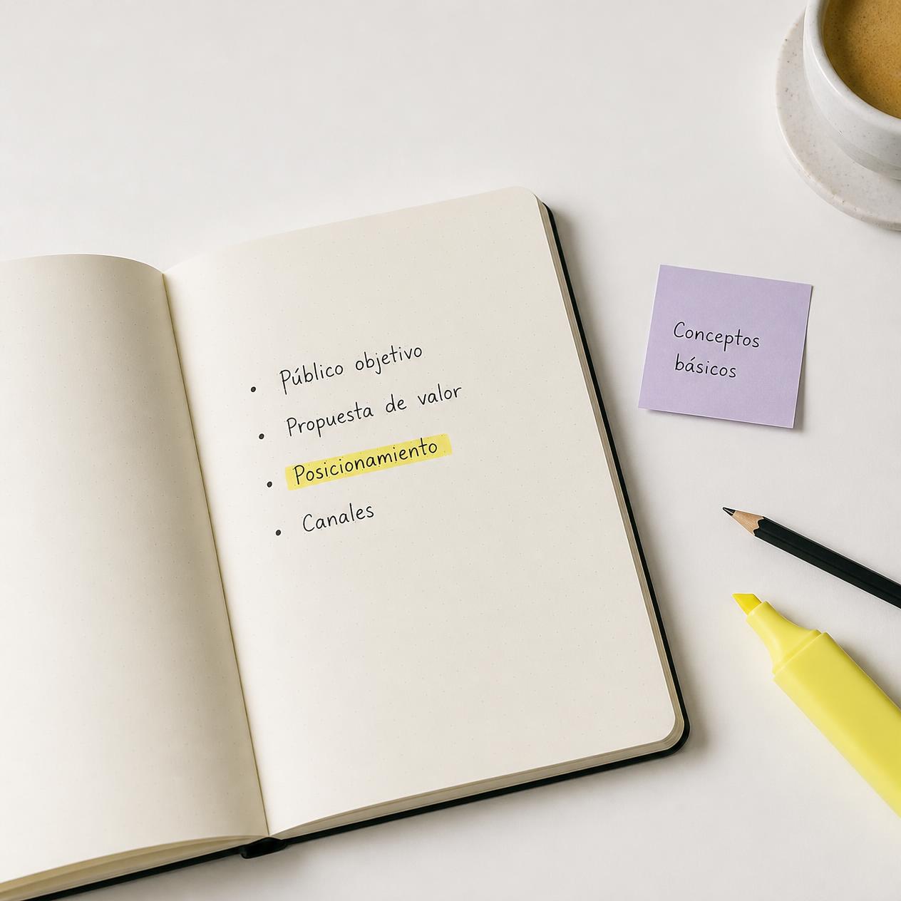 Cuaderno abierto con conceptos de marketing escritos a mano y uno resaltado en amarillo