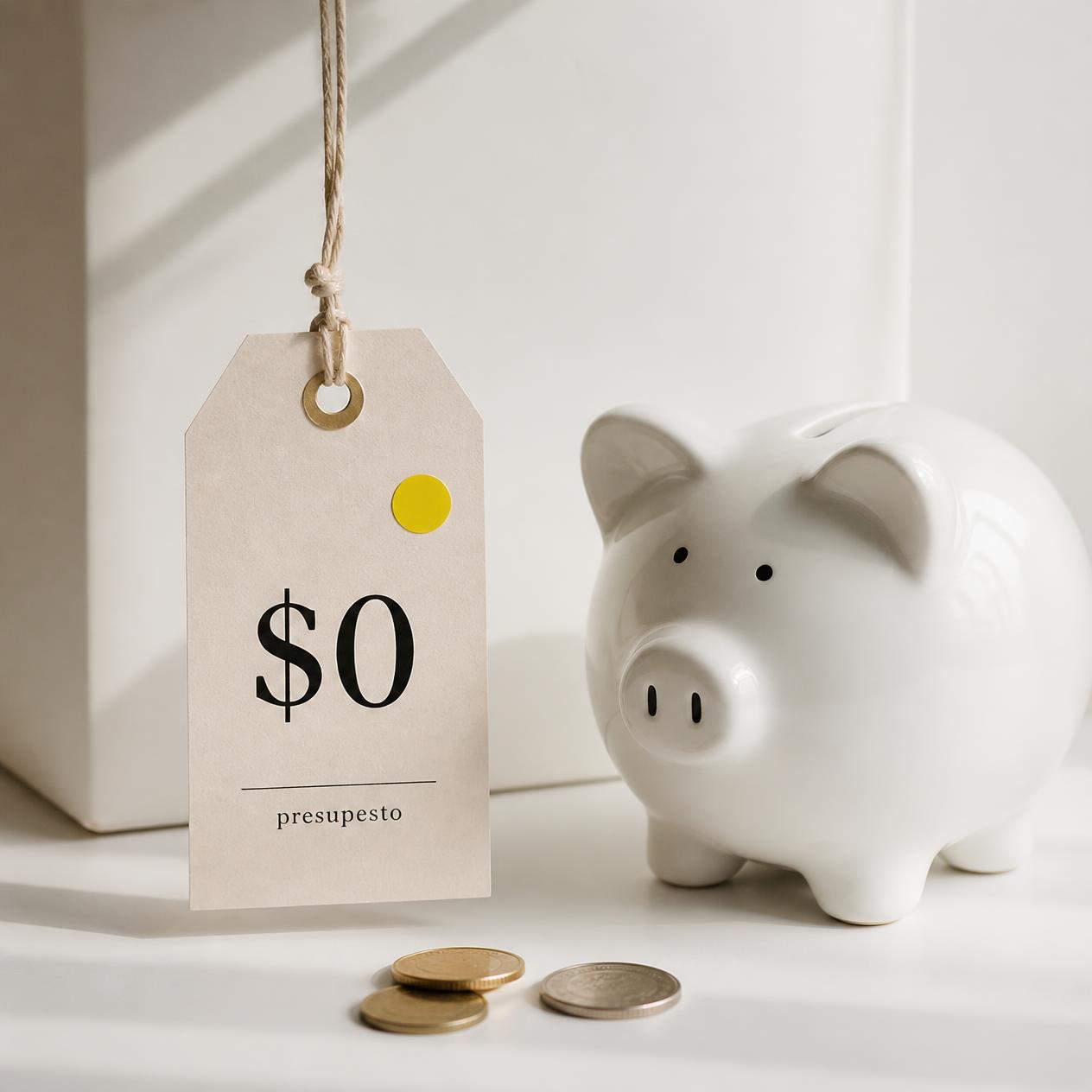 Etiqueta con el precio cero pesos junto a una alcancía blanca