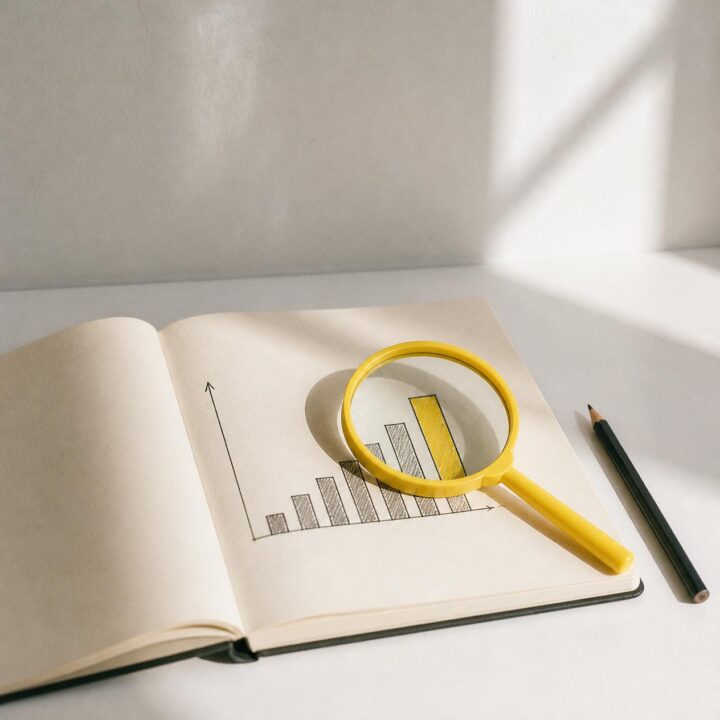 Lupa amarilla sobre un gráfico de barras dibujado en un cuaderno