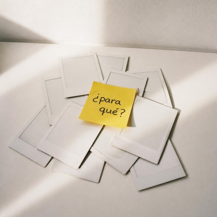 Fotos instantáneas en blanco con un post-it amarillo que pregunta para qué