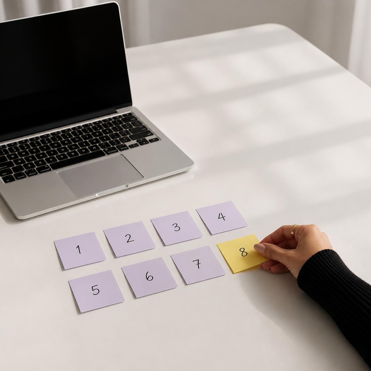 Ocho post-its numerados junto a una notebook