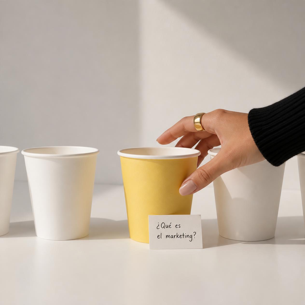 Vasos de papel blancos y uno amarillo con una nota que pregunta qué es el marketing