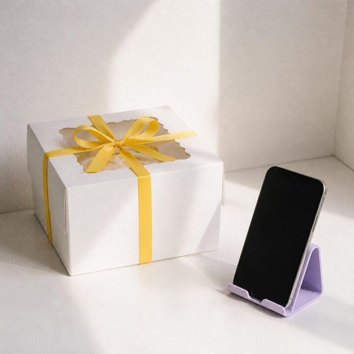 Caja de torta con moño amarillo y un celular en un soporte lila listo para sacar una foto